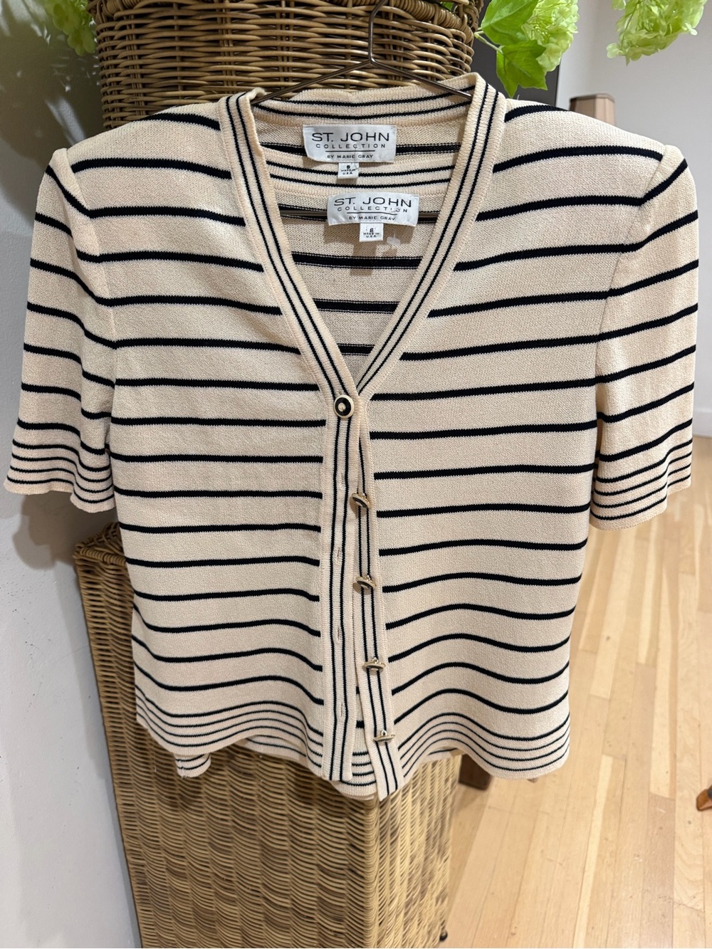 Vintage St. John Striped V-Neck Short Sleeve Cardigan in Cream & Black